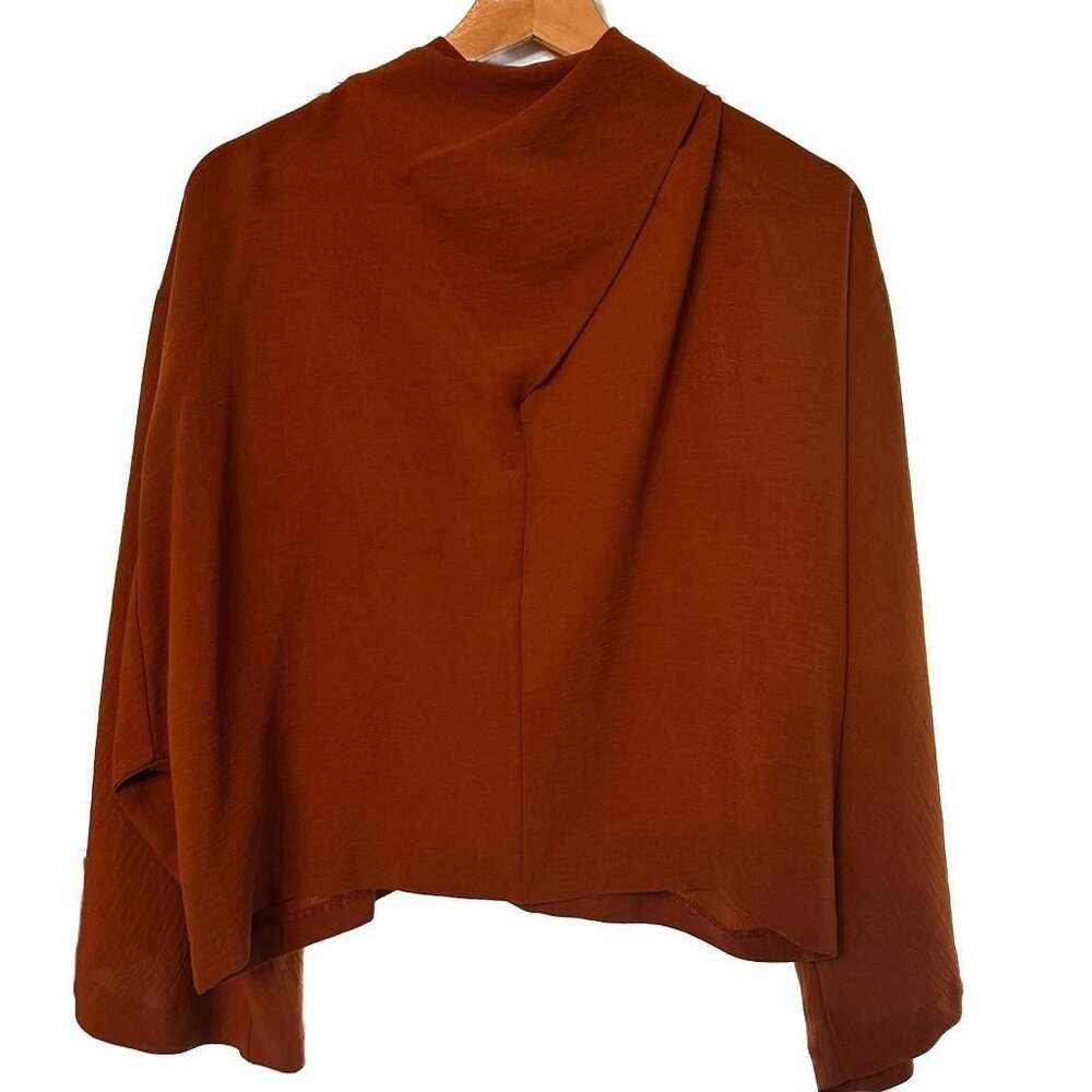 ZARA Russet Orange Draped Asymmetric Collar Batwing Sleeve Blouse Quiet Luxury